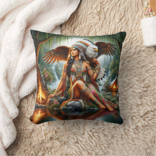 Coussin Femme Amérindienne Avec Aigle Près De La Cascade