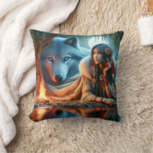 Coussin Femme Amérindienne Avec Loup Au Bord De L'Eau