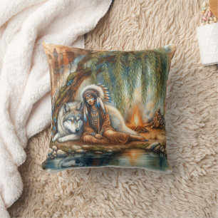 Coussin Femme amérindienne avec loup par eau douce