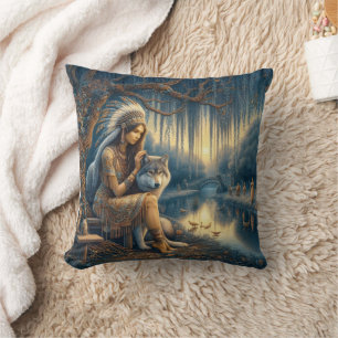 Coussin Femme amérindienne avec loup par Tranquil River