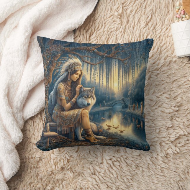 Coussin Femme amérindienne avec loup par Tranquil River (Couverture)