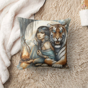 Coussin Femme amérindienne avec tigre