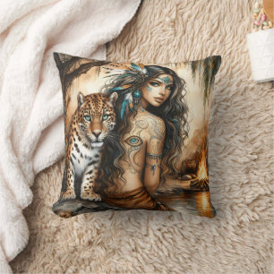 Coussin Femme amérindienne et tigre par cascade