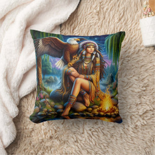 Coussin Femme amérindienne par l'eau la nuit