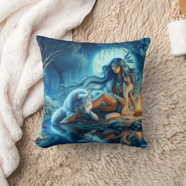 Coussin Femme amérindienne par rivière avec loup (Couverture)