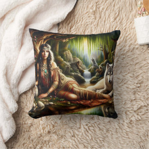 Coussin Femme amérindienne qui se repose avec le loup par 