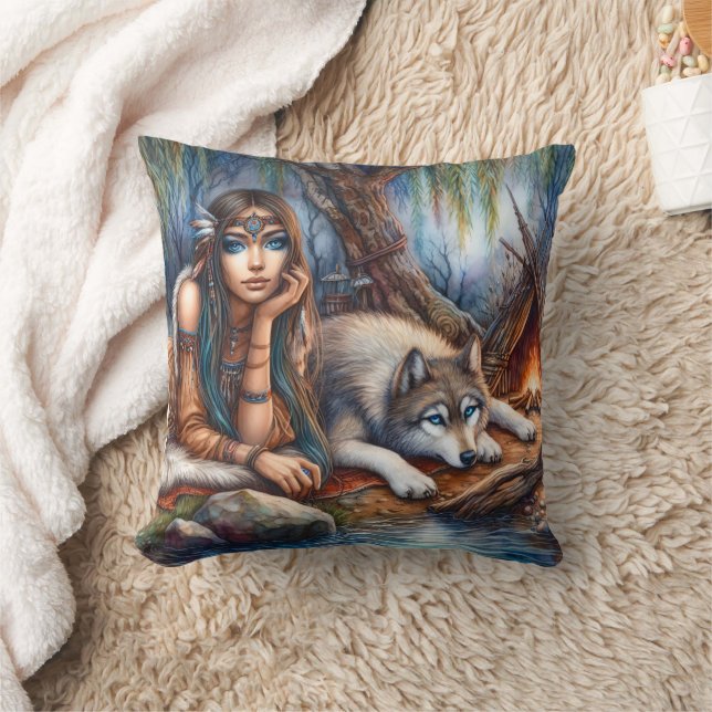 Coussin Femme amérindienne se reposant avec le loup par ri (Couverture)