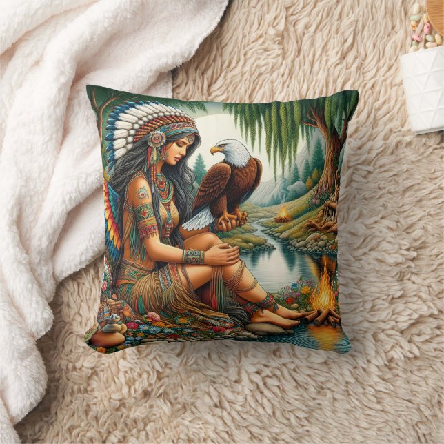 Coussin Femme amérindienne tenant un aigle par Riverbank (Couverture)
