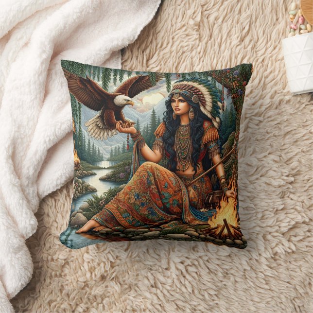 Coussin Femme amérindienne tenant un aigle par rivière (Couverture)