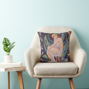 Coussin Femme Art Déco Vintage avec Draperies par S. Chomp