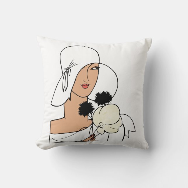 Coussin Femme Art Déco Vintage avec Fleurs Portant un Chap (Recto)