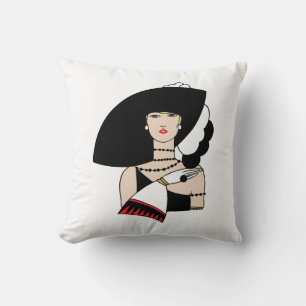 Coussin Femme Art Déco Vintage portant un chapeau des gant