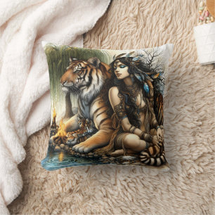 Coussin Femme autochtone avec tigre par eau
