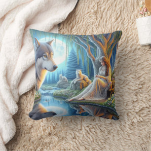 Coussin Femme autochtone par loup par eau