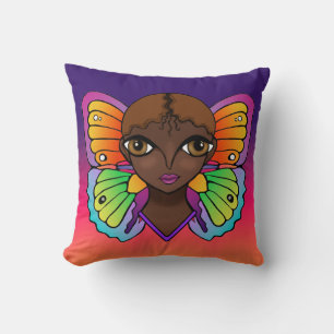 Coussin Femme aux ailes papillon brillantes et colorées