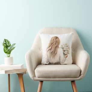 Coussin Femme avec bouquet de marguerites