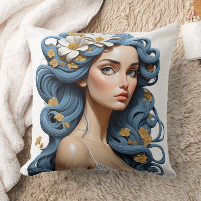 Coussin Femme avec des fleurs dans les cheveux. (Couverture)