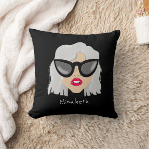 Coussin Femme cool à Haired Gris avec lunettes Nom personn