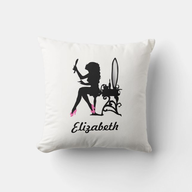 Coussin Femme de mode chic rose et noir en silhouette (Recto)