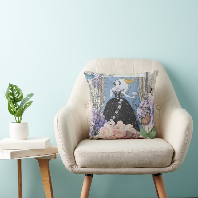 Coussin Femme élégante bleue Robe florale Chic (Chaise)