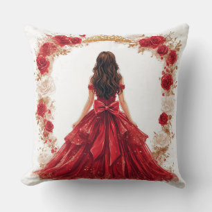 Coussin Femme élégante dans une robe rouge entourée de ros