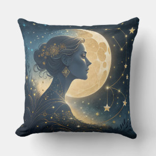 Coussin Femme Élégante sous la Lune et les Étoiles Dorées