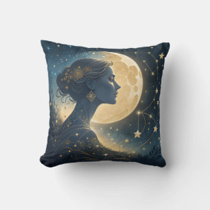 Coussin Femme Élégante sous la Lune et les Étoiles Dorées