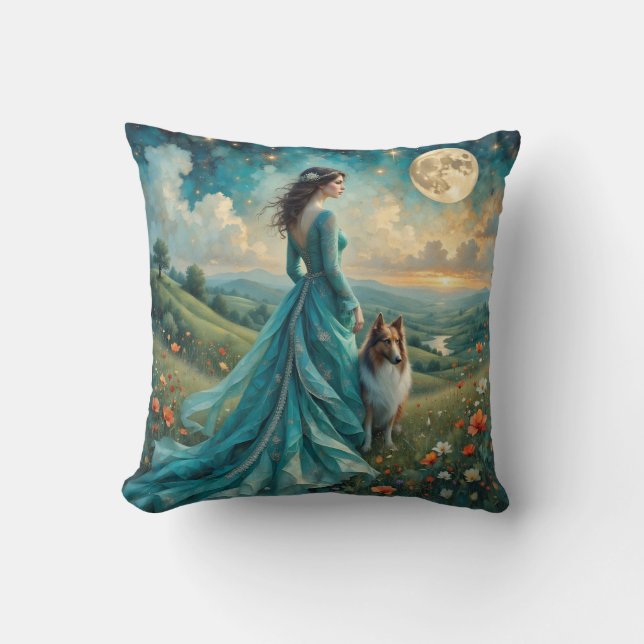 Coussin Femme en Robe Turquoise et Sable Rough Collie (Recto)