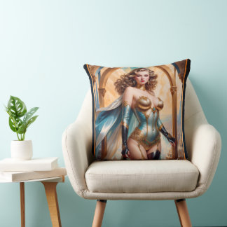 Coussin Femme en tenue opulente d'or et de turquoise par X