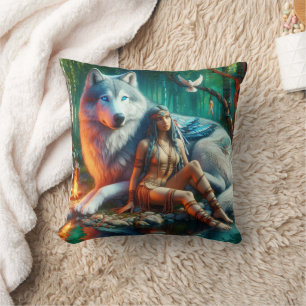 Coussin Femme et loup amérindiens par eau douce