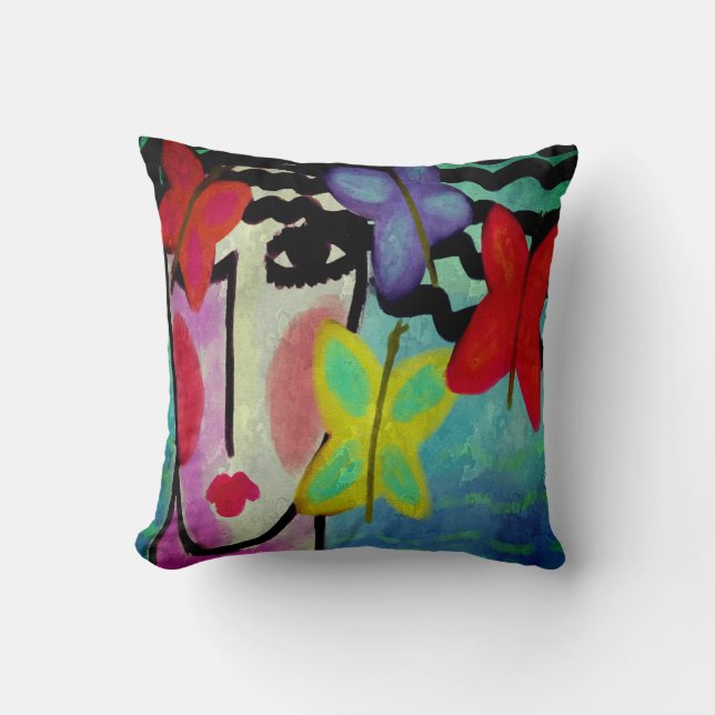 Coussin Femme et papillons Art Abstrait (Recto)