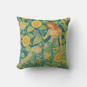 Coussin Femme-fille de fleurs dans le jardin de tournesol