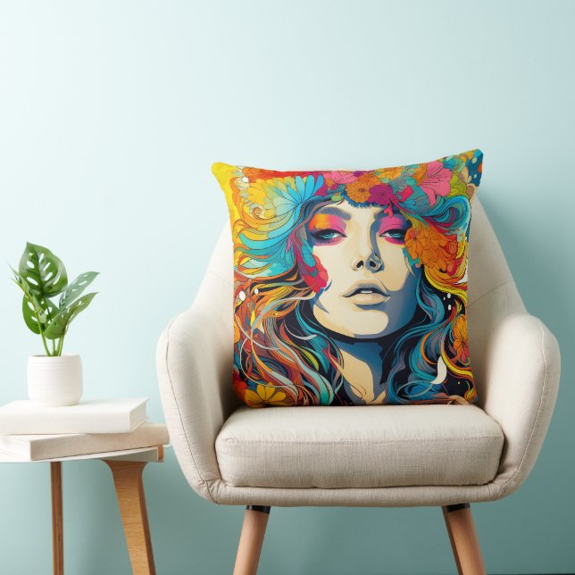 Coussin Femme hippy psychédélique des années 60 et 70 (Chaise)