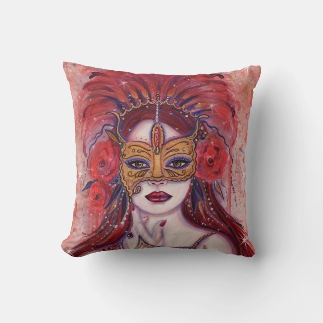 Coussin Femme imaginaire rouge carnaval en masque par Rene (Recto)