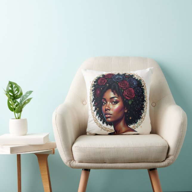 Coussin Femme noire florale foncée afro (Chaise)