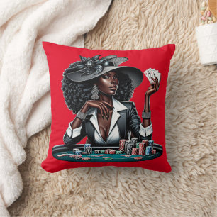 Coussin Femme noire Jeux Casino Cartes Poker Chips Art