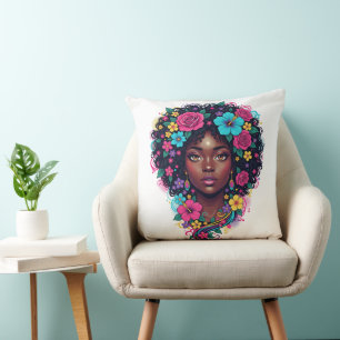 Coussin Femme noire profonde avec afro orné de fleurs bril