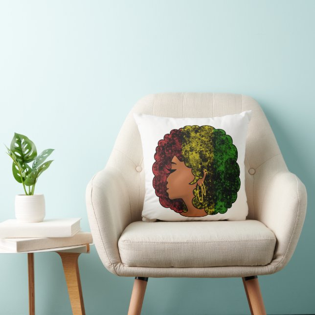 Coussin Femme noire rasta afro rouge jaune vert  (Chaise)