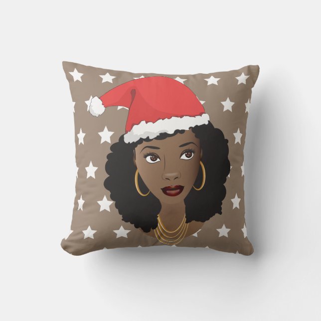 Coussin Femme noire, Santa Hat, Motif des étoiles blanches (Recto)
