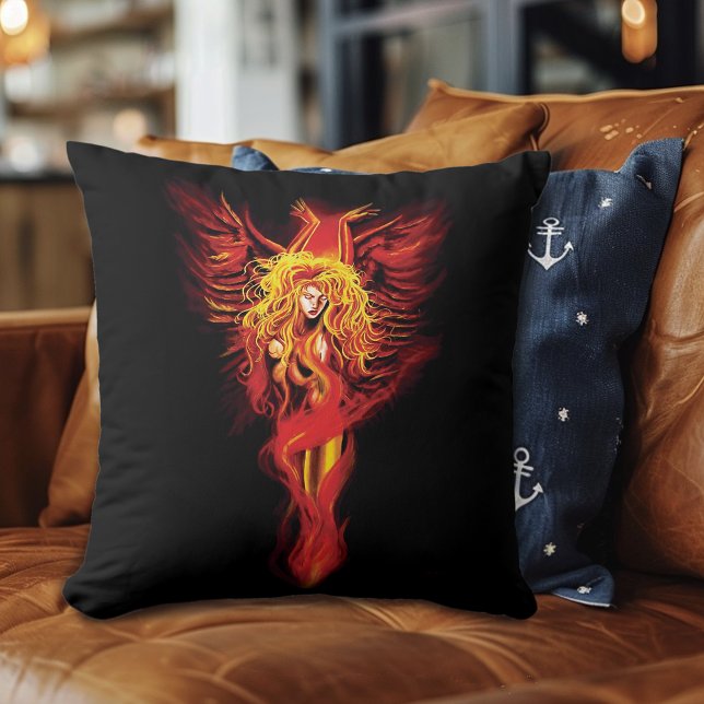 Coussin Femme Phénix Fantastique Rouge Incandescent Noir (Créateur téléchargé)