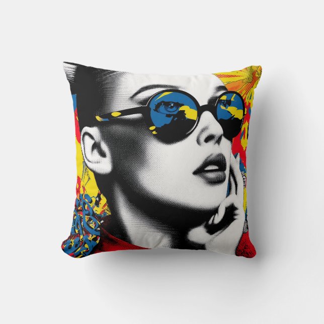 Coussin Femme pop art avec lunettes de soleil (Recto)