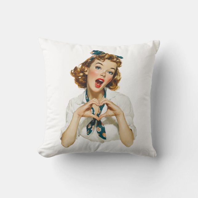 Coussin Femme rétro faisant un geste de cœur (Recto)