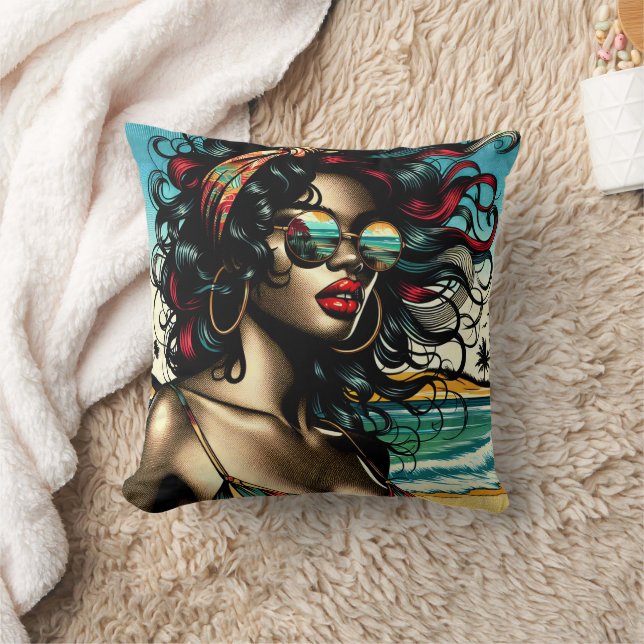 Coussin Femme Rétro sur la Plage Style Comic Pop Art (Couverture)