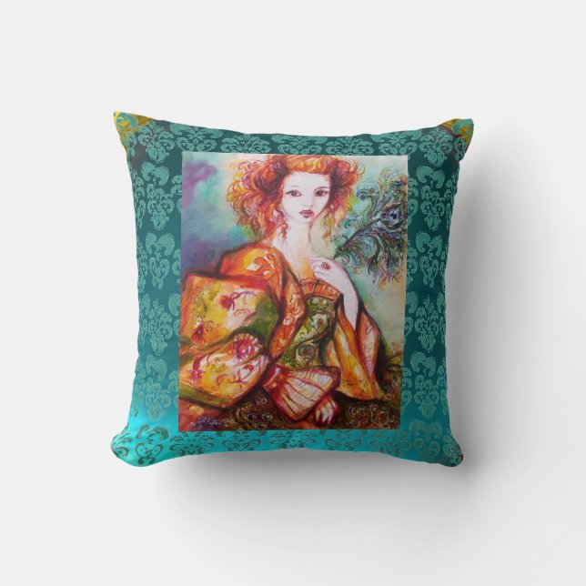 Coussin FEMME ROMANTIQUE AVEC PEACOCK ÉCLAIRANT PEUR Turqu (Recto)