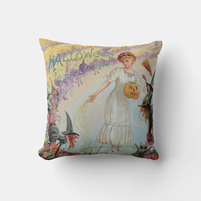 Coussin Femme Sorcière Gobelin Citrouille Lanterne Jack (Recto)