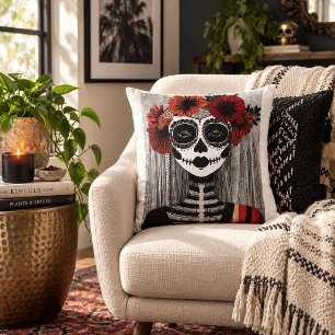 Coussin Femme squelette du Jour des morts avec des fleurs