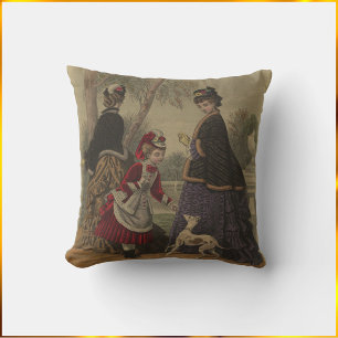Coussin Femme Victorienne Fille & Chien Sur Une Promenade