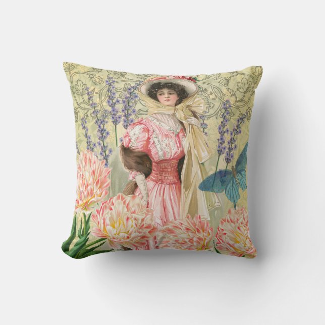Coussin Femme victorienne florale rose Régence (Recto)