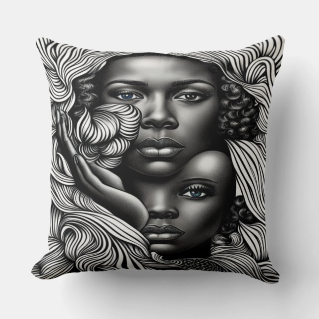 Coussin Femmes afro-américaines Abstraites noires et blanc (Recto)