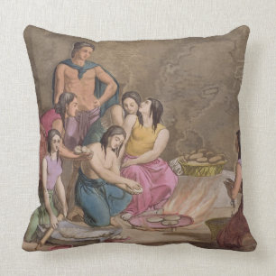 Coussin Femmes aztèques faisant le pain de maïs, Mexique,